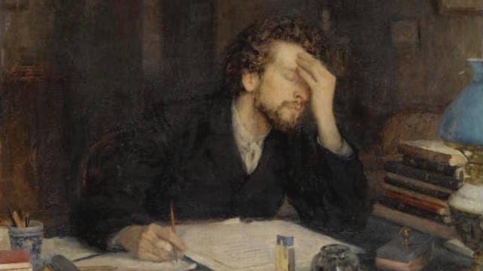 Classic oil painting of a writer deep in thought at a desk